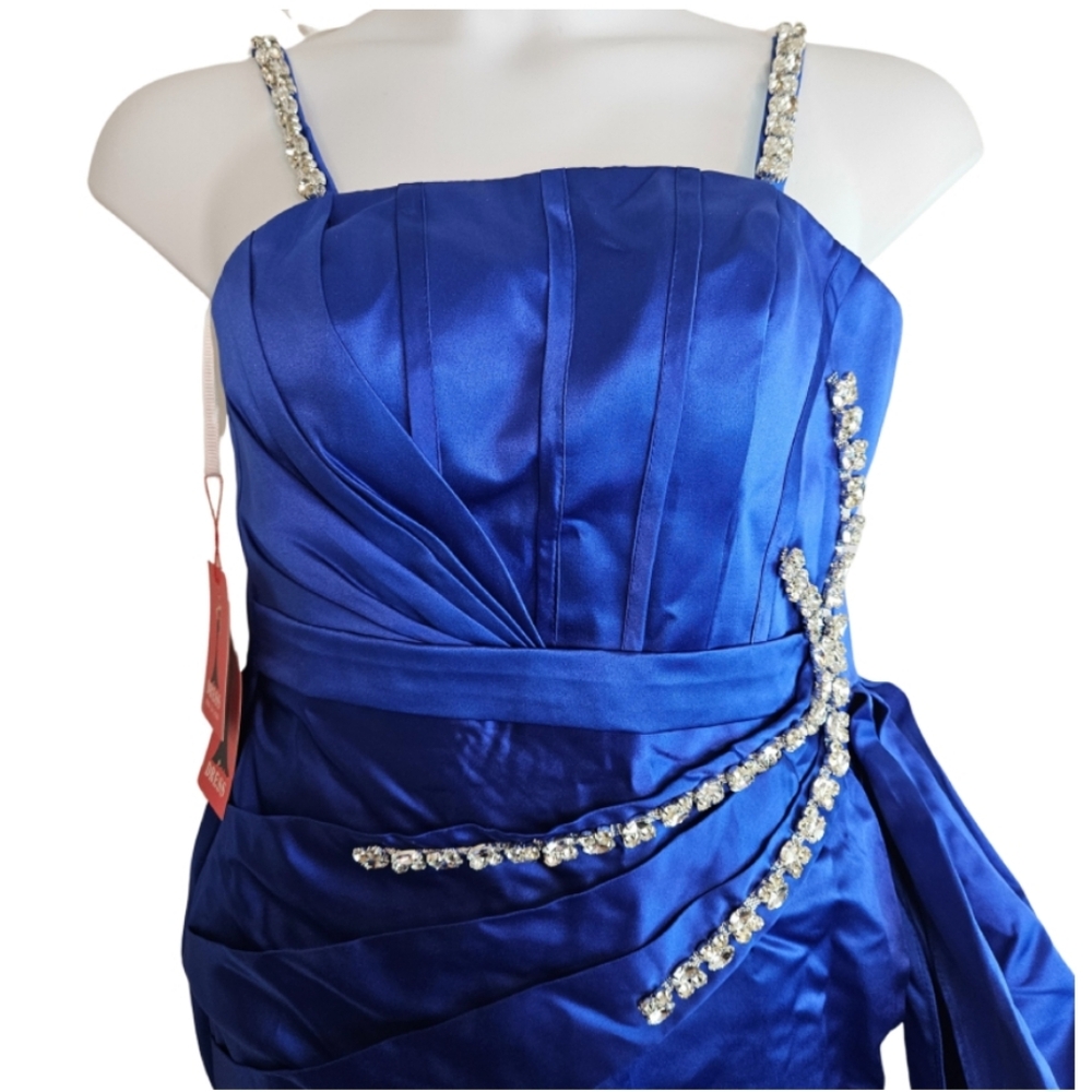 NWT Elegant Blue Mermaid Gown Rhinestone Straps Train Prom Size 4 Y-2541